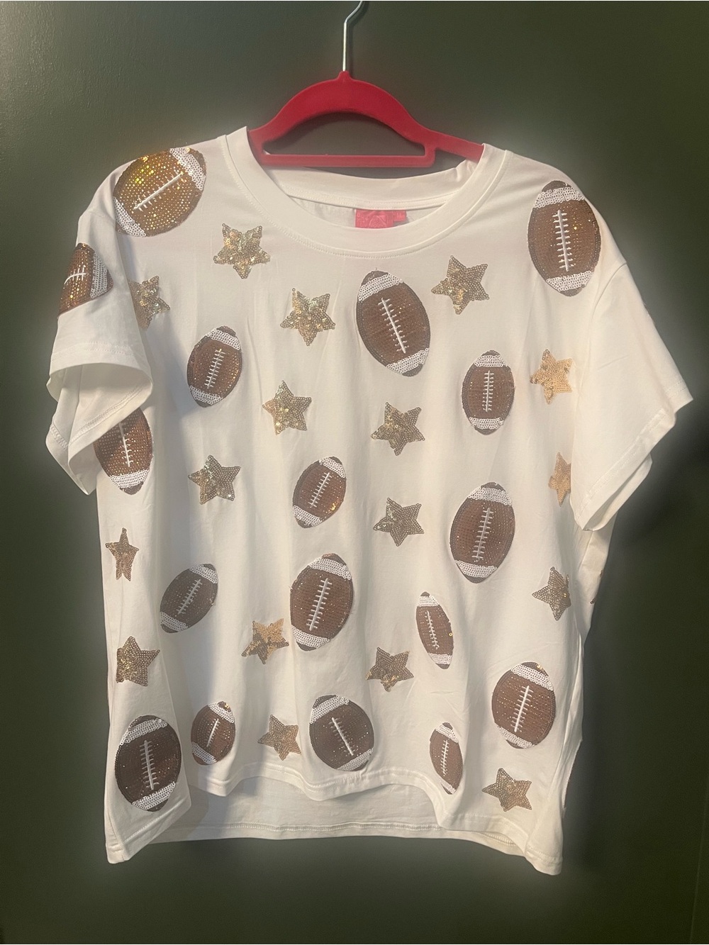 QUEEN OF SPARKLES White Tee with Brown Rhinestone Footballs &  Sequin Gold Stars
